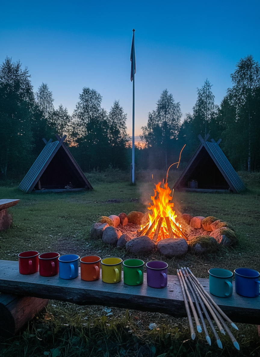 A twilight campfire scene with no people, only the evidence of an active scout group: several colorful enamel mugs neatly arranged on a flat log, a stack of roasting sticks resting beside them, and a well-built fire burning steadily in a stone ring. In the background, silhouettes of simple wooden shelters and a tall flagpole stand against a deep blue evening sky. The firelight casts warm, flickering highlights on the mugs and stones, contrasting with the cool ambient light of the forest. Photographic realism, medium-wide shot, strong depth and atmosphere, evoking community, tradition, and the playful excitement of evening gatherings in Nordlys spejdergruppe.